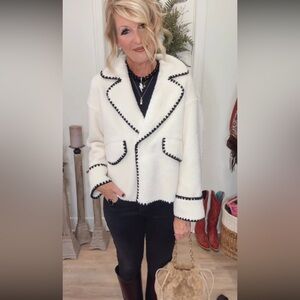 Amazon Women's Cream Teddy Jacket with Black Accents